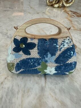 Haute Hippie Blue Floral Sequin Knit Wood-Handle Clutch